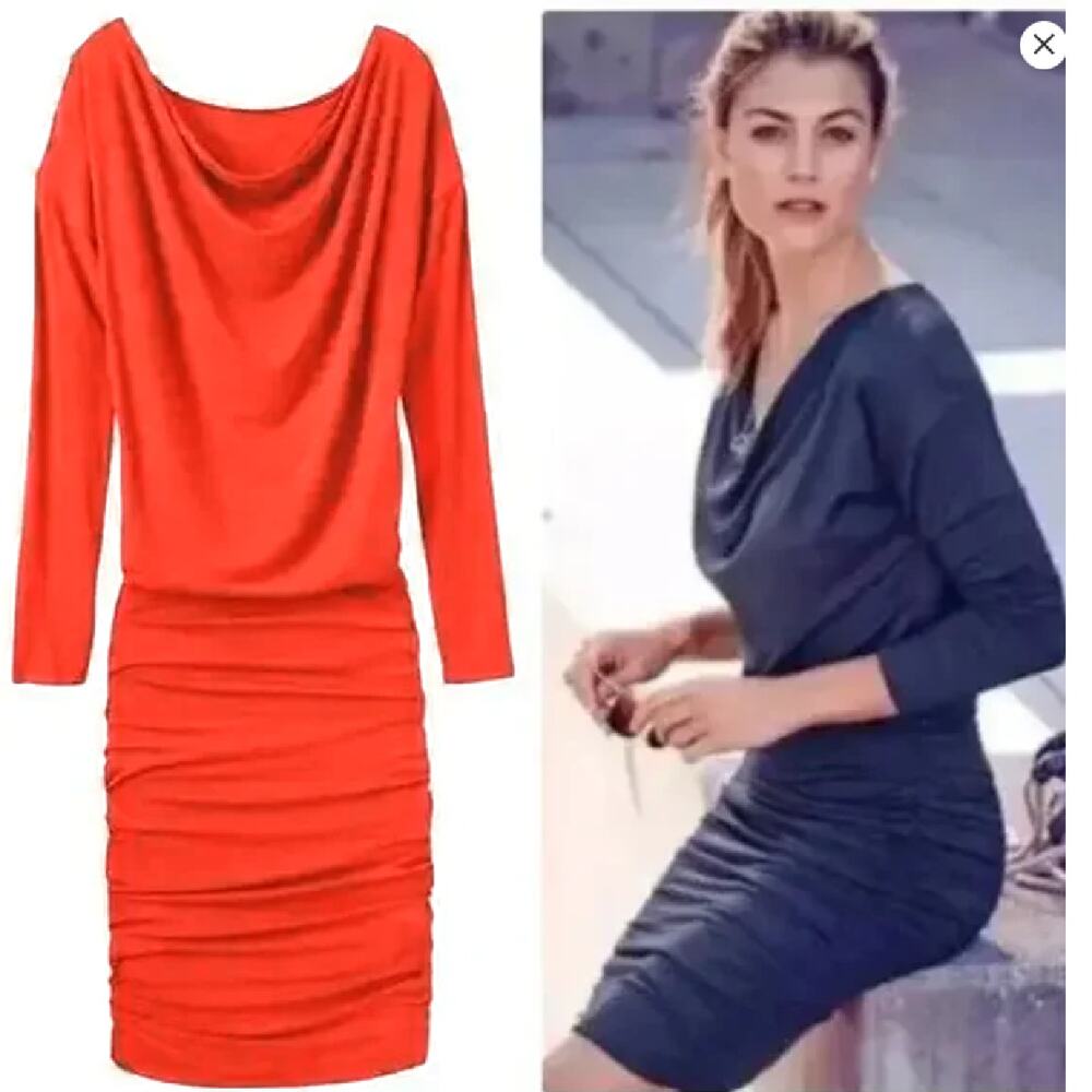 ATHLETA Solstice Ruched Stretch Jersey Dress Size Large Fire Orange Long Sleeve